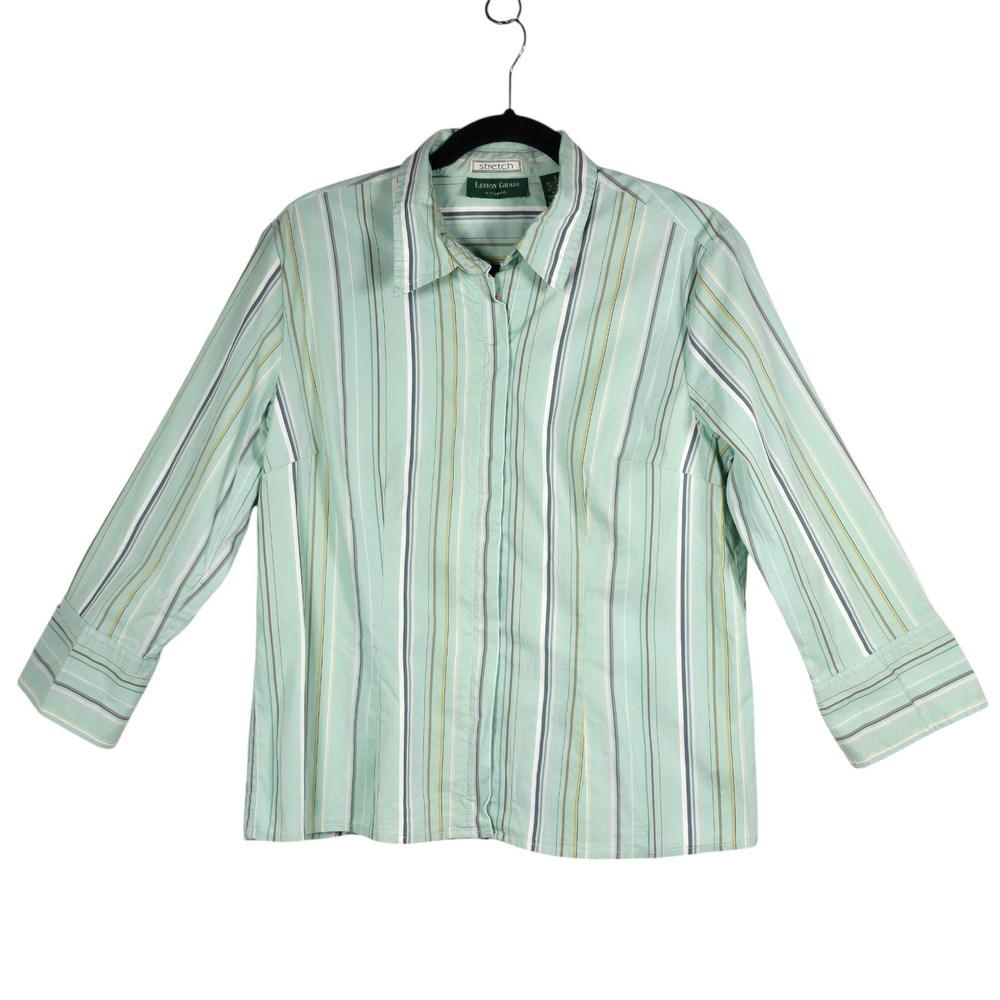 Lemon Grass Studio Womens Mint Green Striped Zip Front 3/4 Sleeve Blouse Large